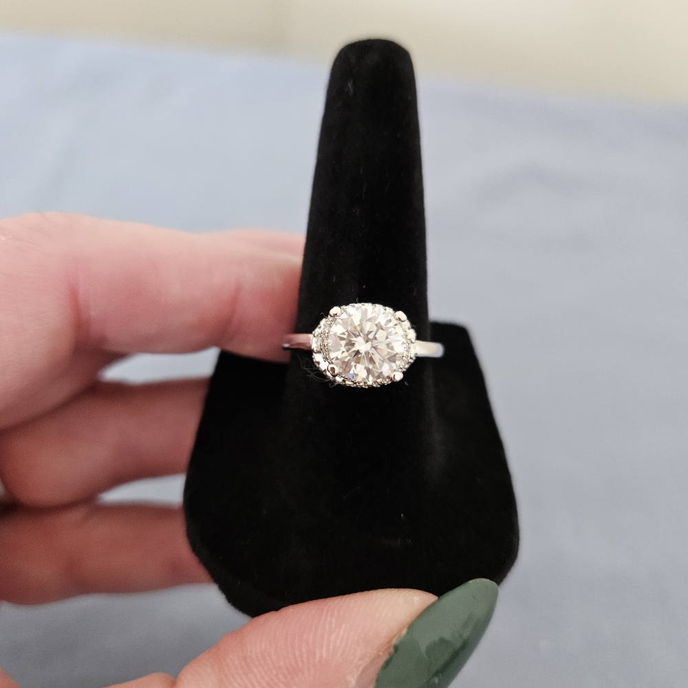 Classic White Gold Halo Solitaire Ring with Clear Center Stone